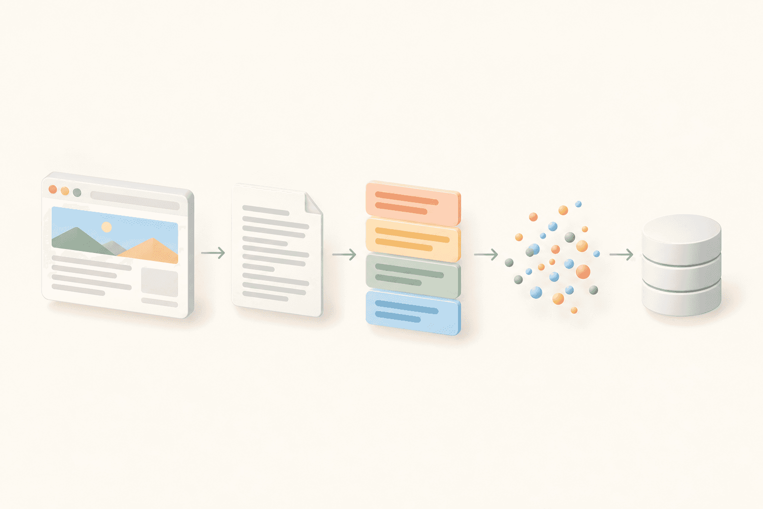 Pipeline from crawled web page to clean markdown, heading-based chunks, embeddings, and a vector database