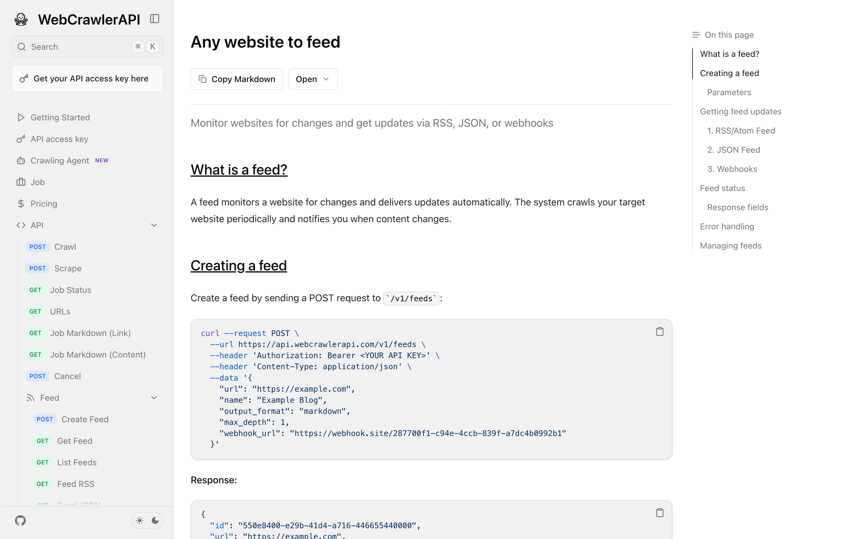 Creating a feed in the WebCrawlerAPI docs