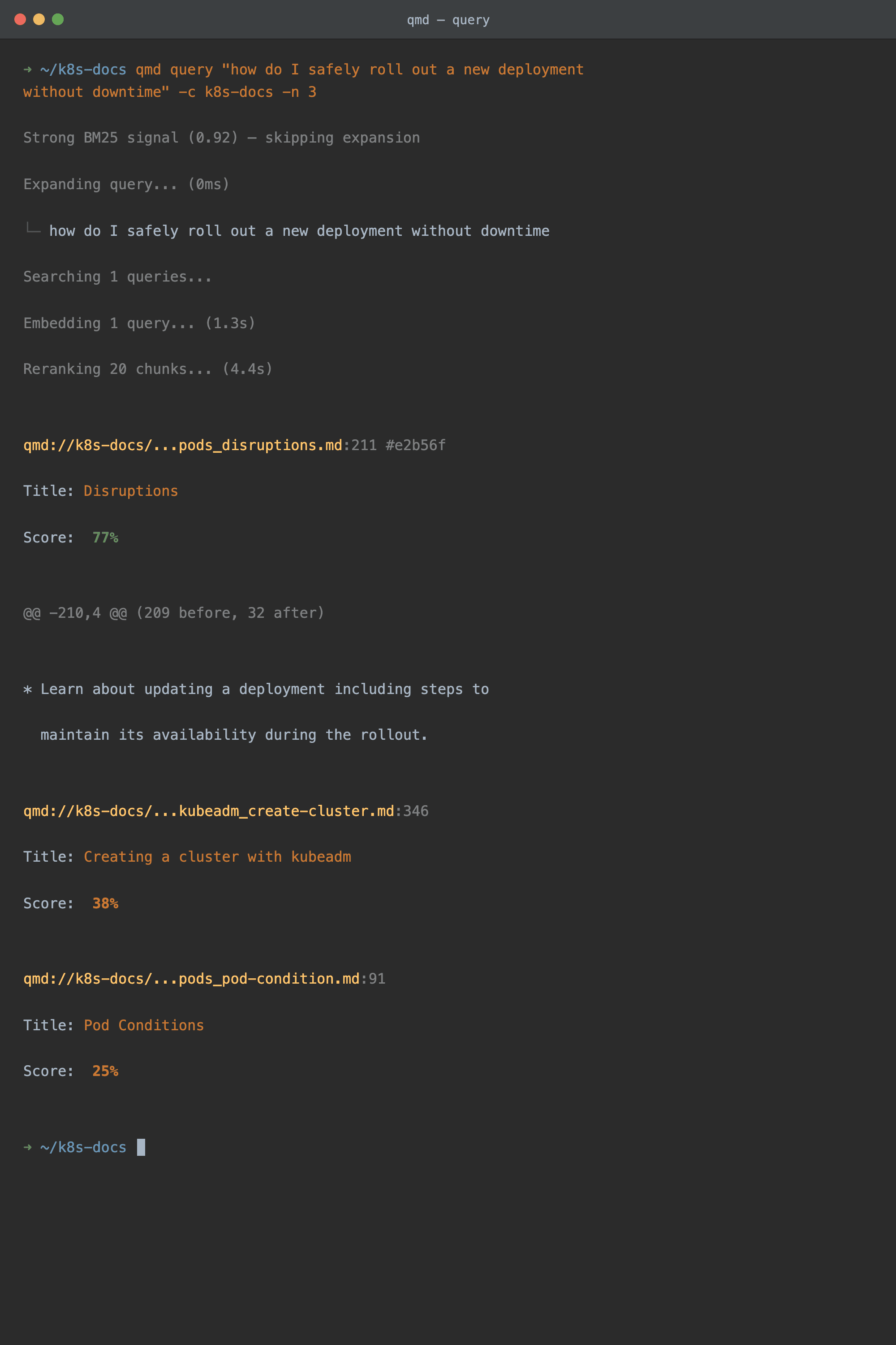 Example qmd output: hybrid query with expansion, reranking, and 3 ranked results
