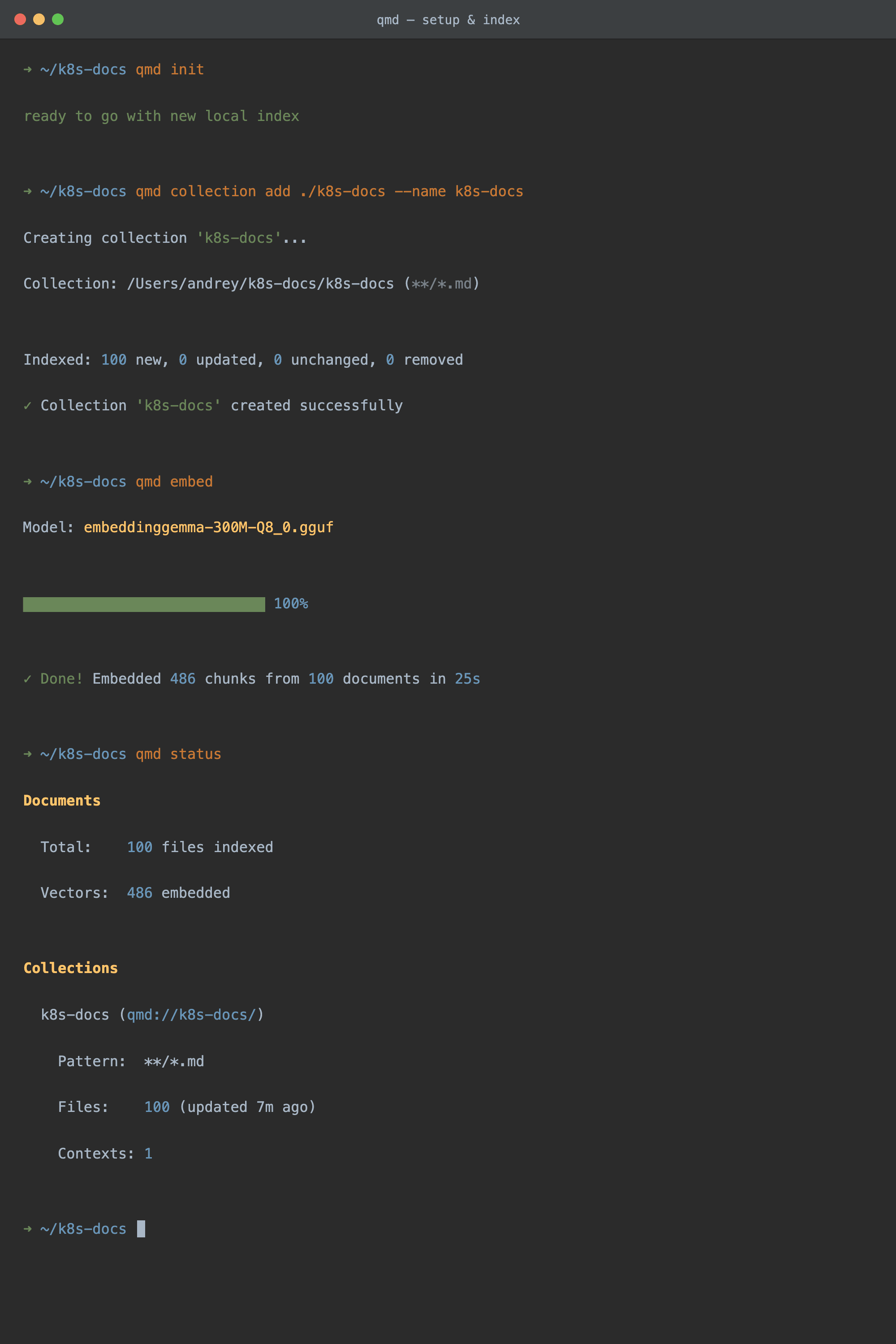 Example qmd output: init, collection add, embed, and status