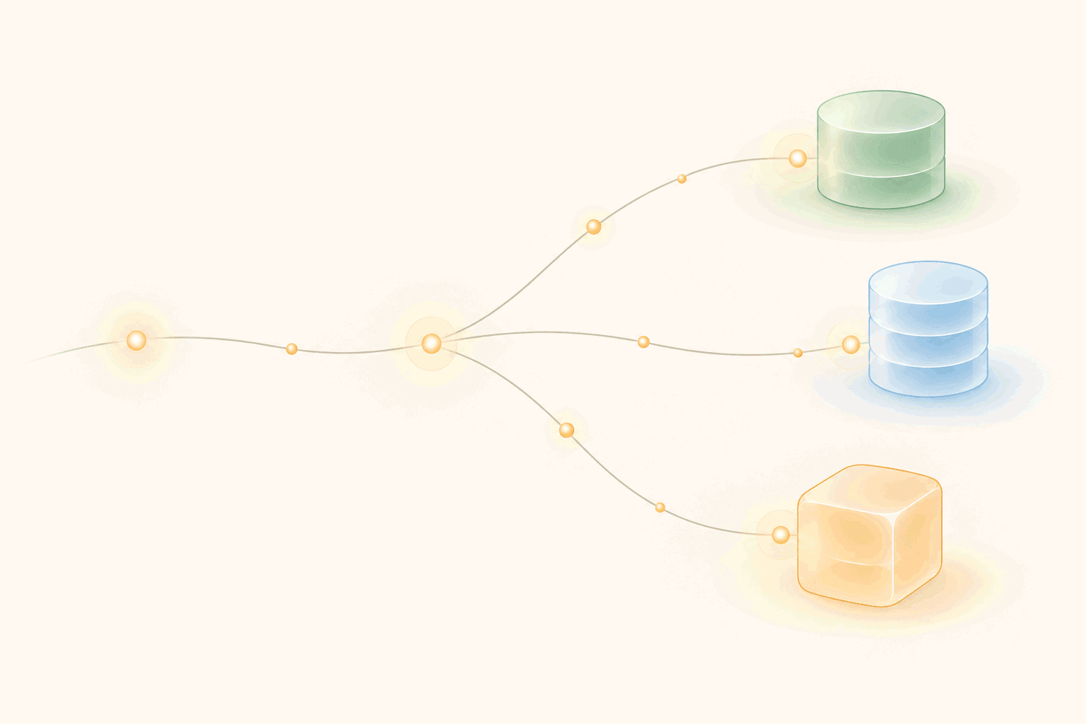 Abstract flat illustration of one path splitting into three branches, each ending in a differently shaped pastel database icon