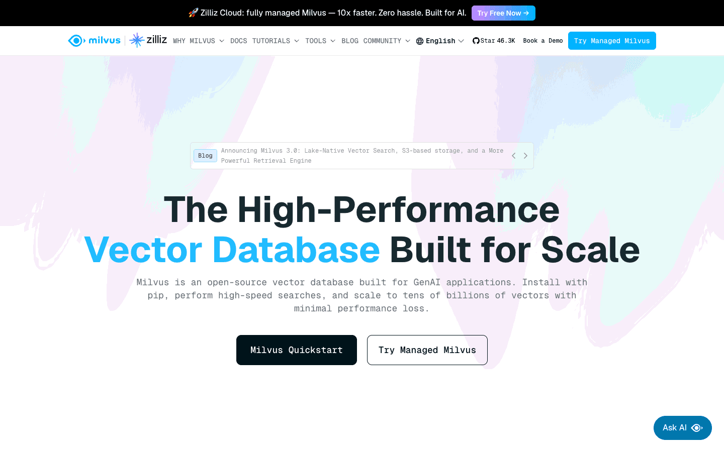 Milvus vector database home page