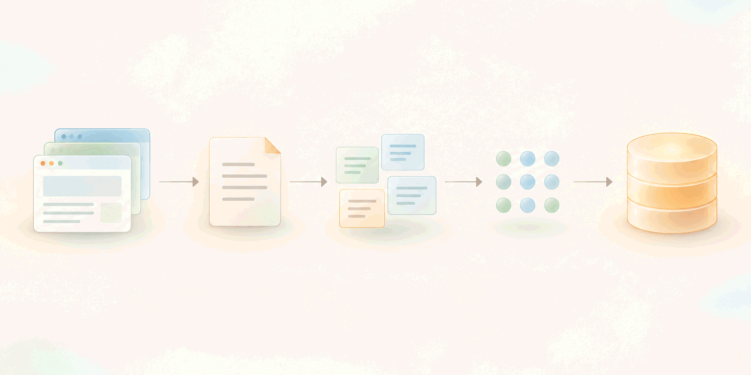 Soft flat diagram of five steps from left to right: web pages, clean markdown, chunks, embeddings and a vector store highlighted in amber