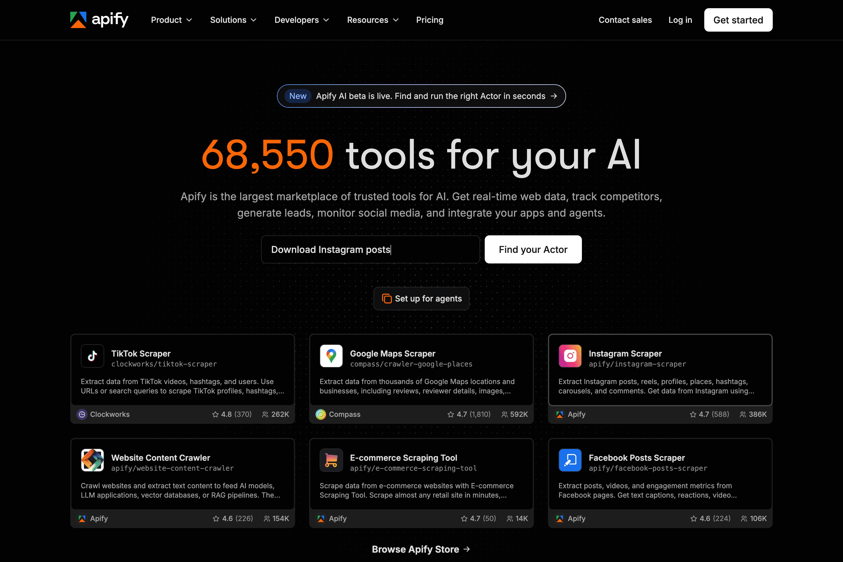Apify landing page