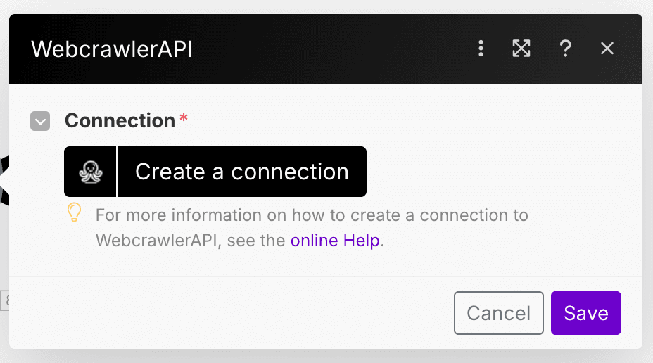 Make create connection WebcrawlerAPI app