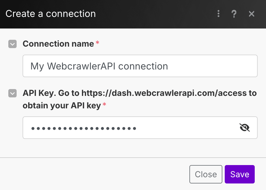 Make paste access key WebcrawlerAPI app