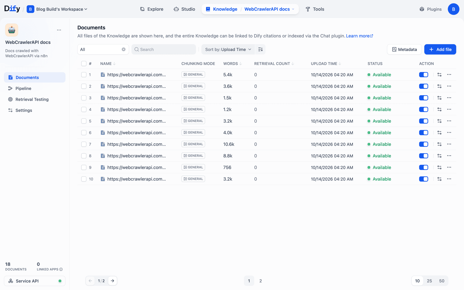 Dify Documents list with 18 documents, chunking mode General and status Available