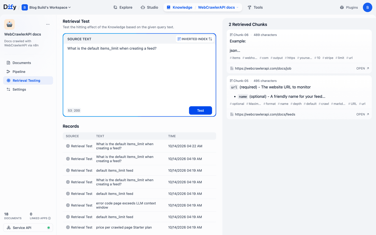 Dify retrieval test for the feed question returning 2 chunks, including the feeds page
