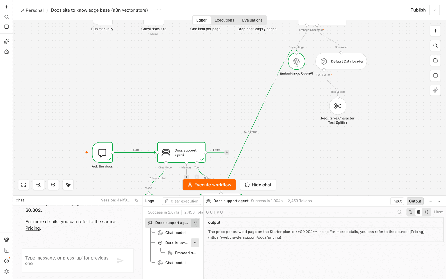 n8n agent chat test where the agent answers the Starter plan price as $0.002 and links the pricing page