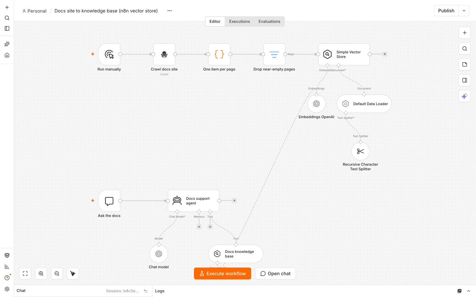 n8n canvas with the full workflow: manual trigger, WebCrawlerAPI crawl, Code node, filter, Simple Vector Store, and a chat agent branch