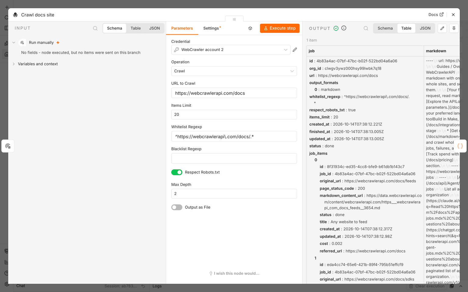 WebCrawlerAPI node settings in n8n with the crawl URL, items limit, whitelist regexp and the output panel showing a job and one markdown field