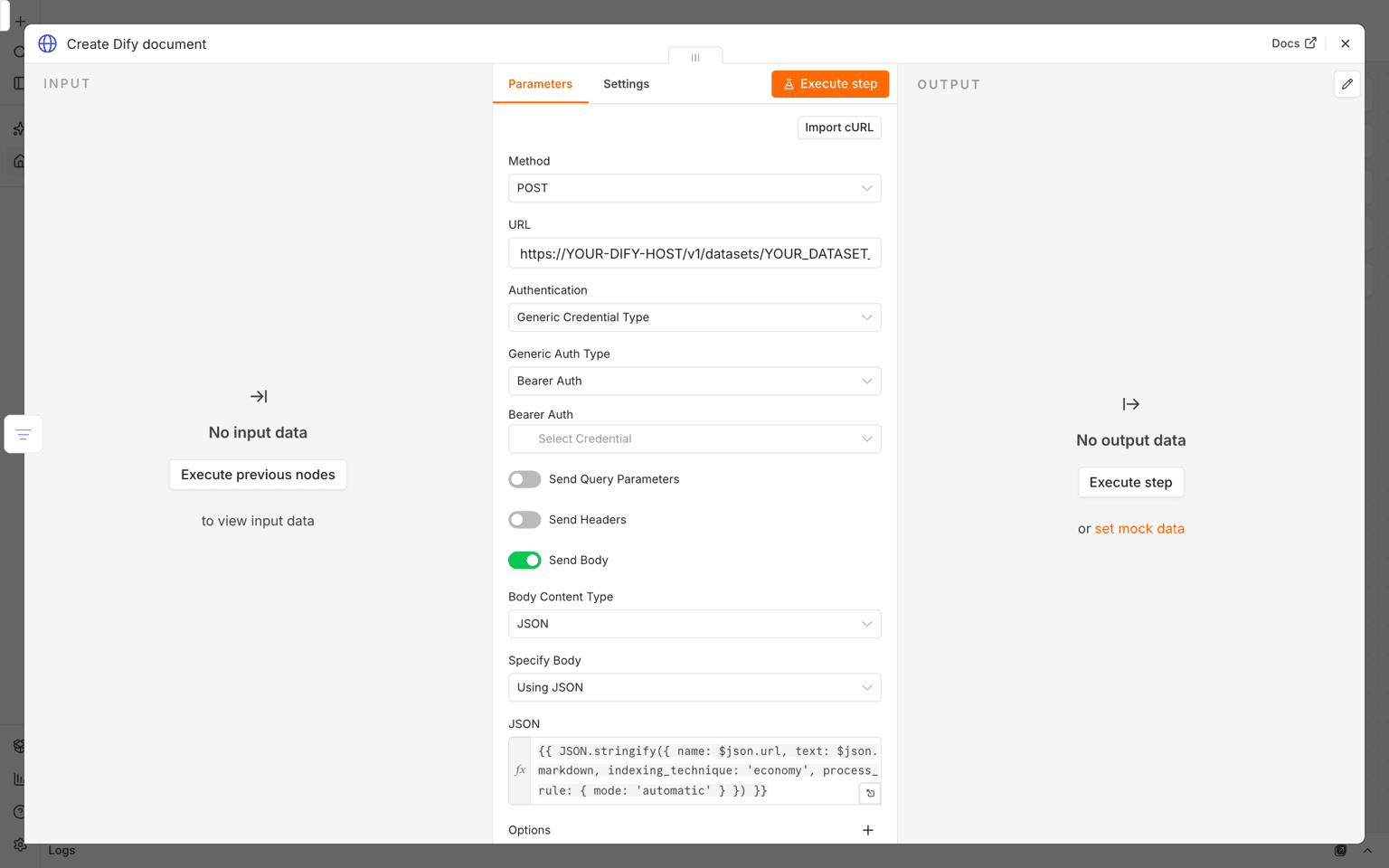 The Create Dify document HTTP Request node in n8n with POST method, Bearer Auth credential, and the JSON body expression