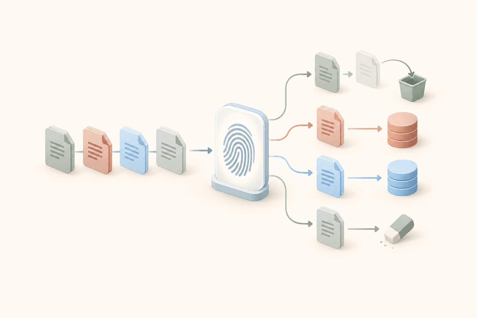 Pages flowing through a fingerprint check into four outcomes: unchanged, changed, new and removed