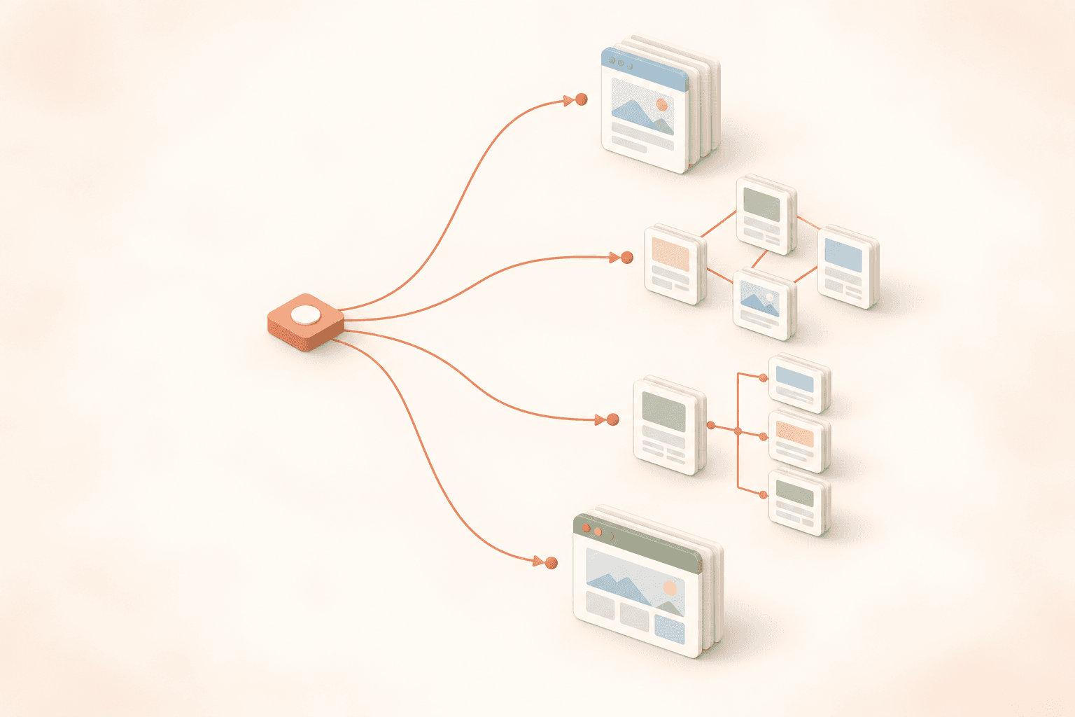 A start point splitting into four paths: a single page, linked pages, a sitemap list, and a browser window, each ending in a stack of documents