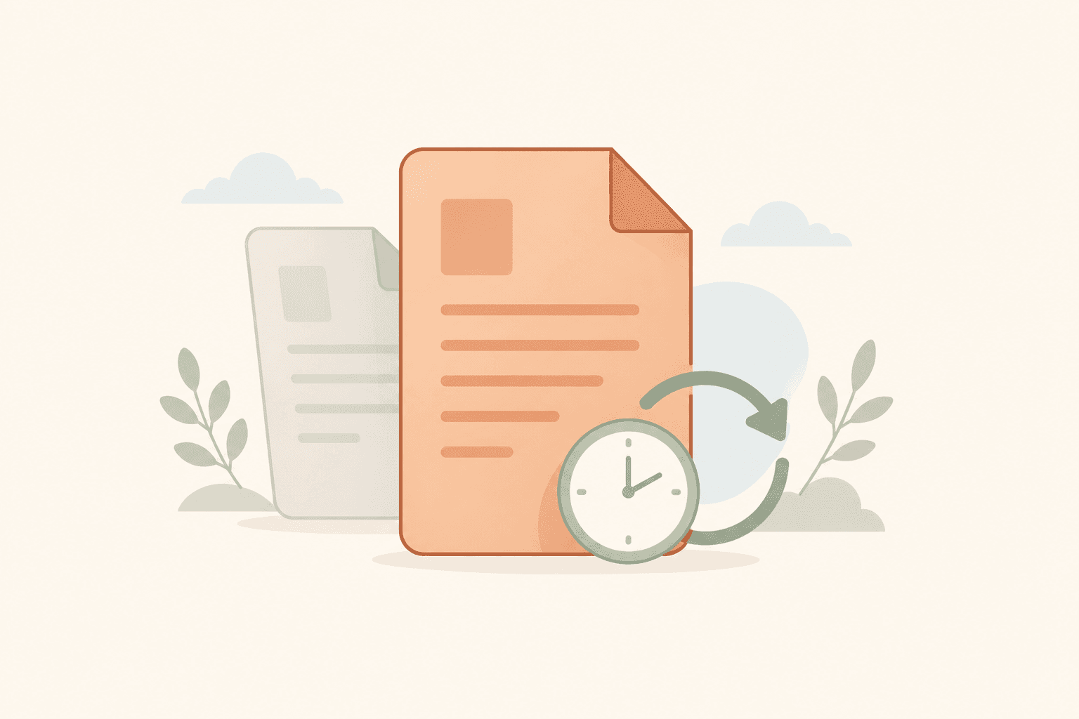 Soft flat illustration of a fresh document icon with a refresh arrow next to a duller, faded duplicate document icon