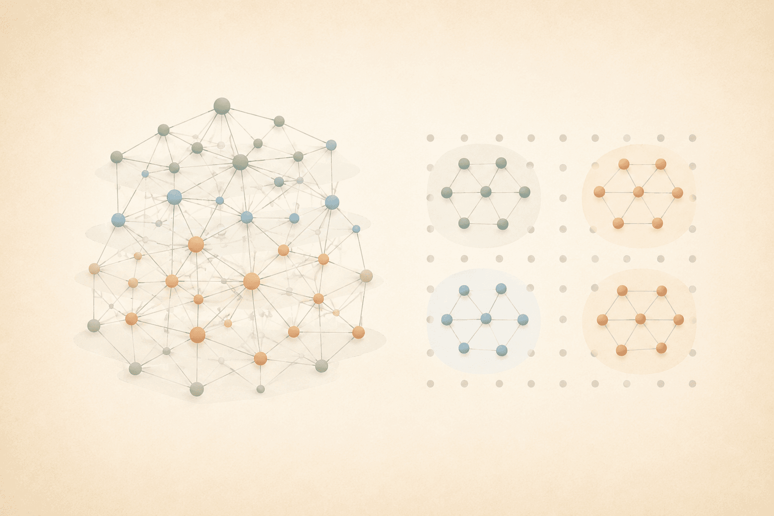 Soft flat-vector illustration contrasting a dense interconnected network graph on the left with a simpler clustered grid of dots on the right