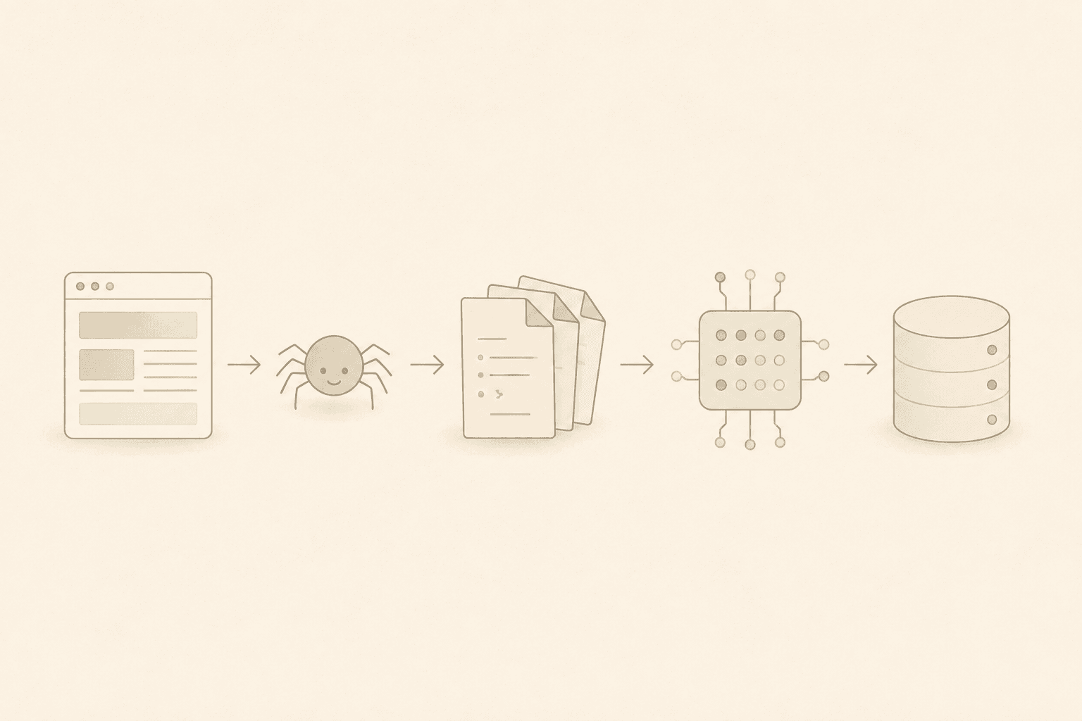Soft flat isometric illustration of a pipeline from webpage to crawler to markdown pages to an embedding chip to a database cylinder