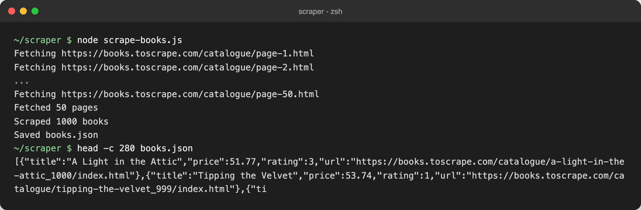 Terminal output of the Cheerio scraper: 50 pages fetched, 1000 books scraped, first records of books.json