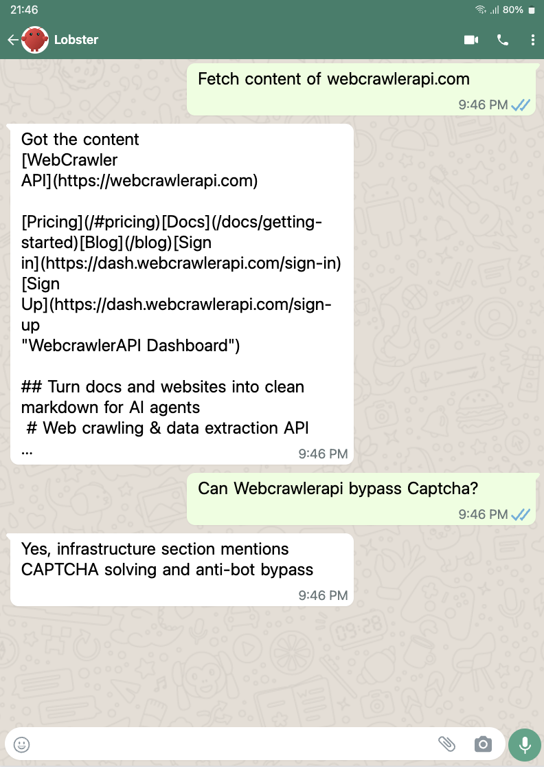 OpenClaw agent fetching web content via WebCrawler API in WhatsApp